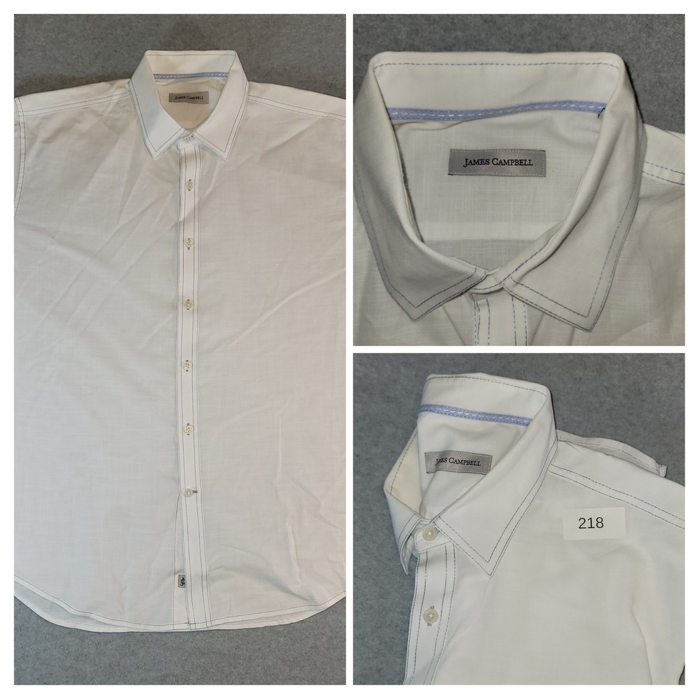 James Campbell Mens White Cotton Short Sleeve Button Down Shirt Blue Stitch XL